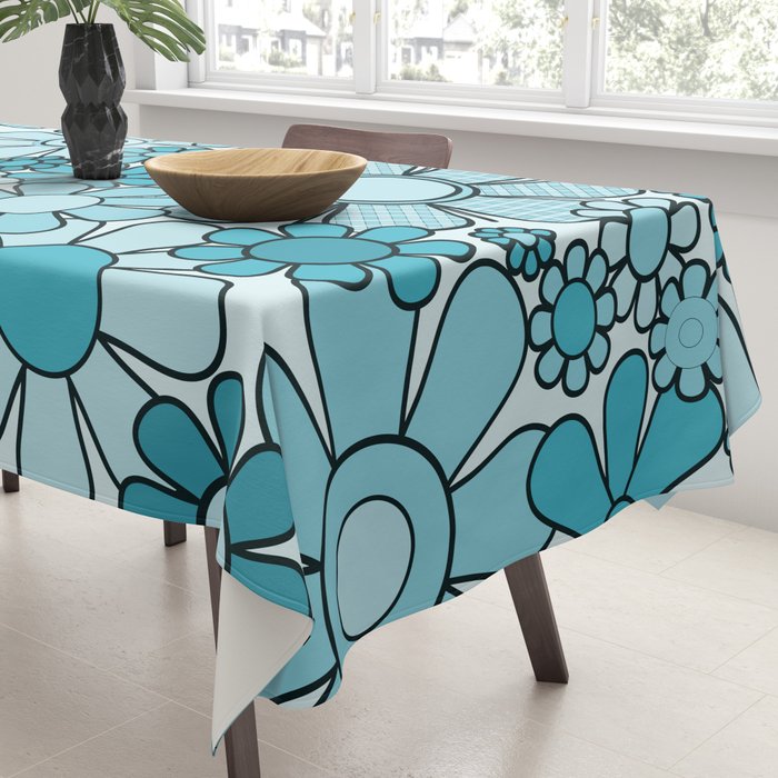 Retro 60s 70s Floral Pattern Turquoise Aqua Gingham Flowers Tablecloth Gallery Image 3