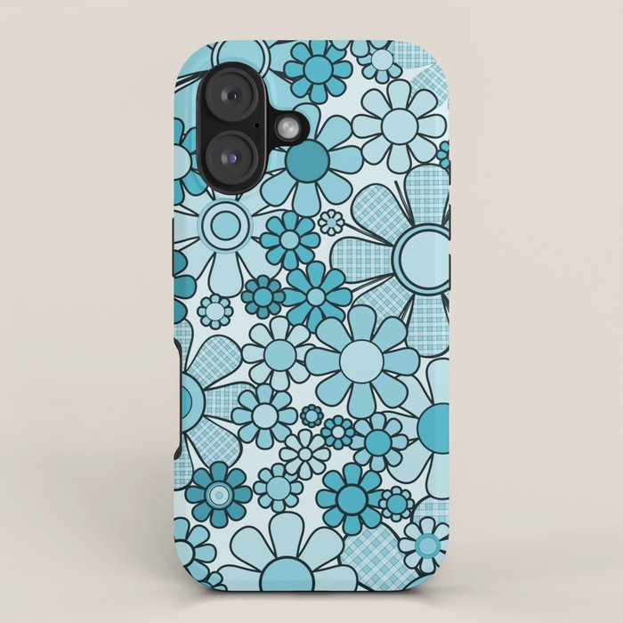Retro 60s 70s Floral Pattern Turquoise Aqua Gingham Flowers iPhone Case Gallery Image 1