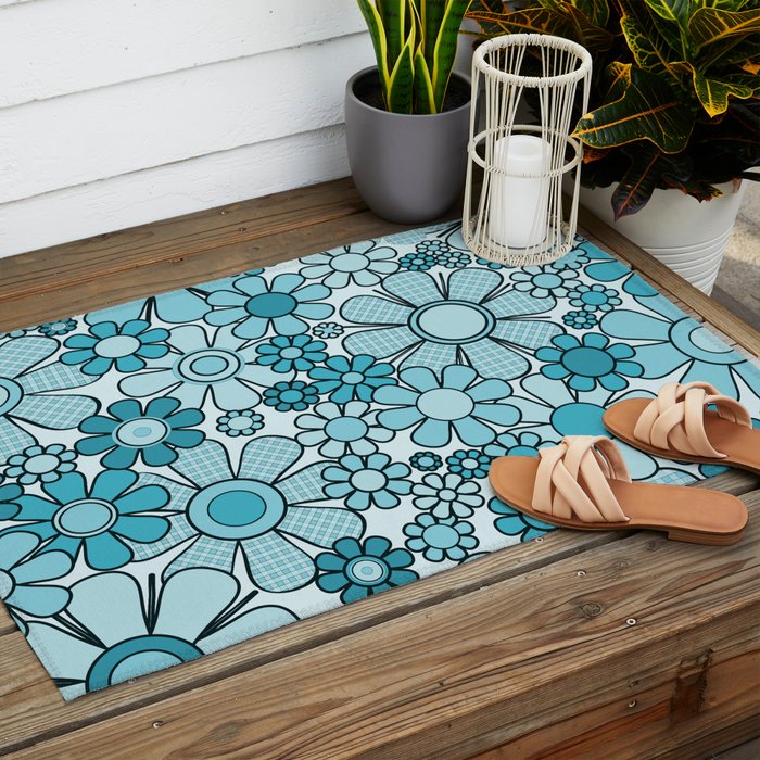 Retro 60s 70s Floral Pattern Turquoise Aqua Gingham Flowers Outdoor Rug Gallery Image 2