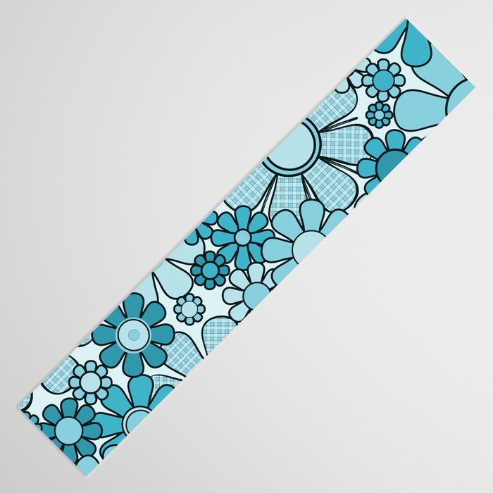 Retro 60s 70s Floral Pattern Turquoise Aqua Gingham Flowers Table Runner Gallery Image 3