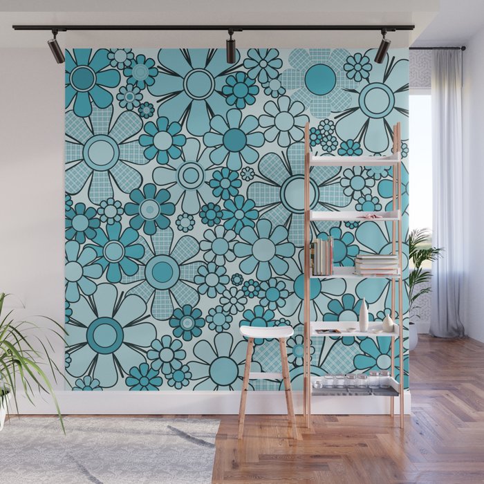 Retro 60s 70s Floral Pattern Turquoise Aqua Gingham Flowers Wall Mural Gallery Image 1