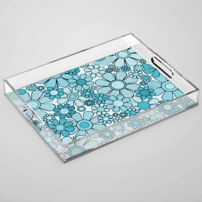 Retro 60s 70s Floral Pattern Turquoise Aqua Gingham Flowers Acrylic Tray Gallery Image 1