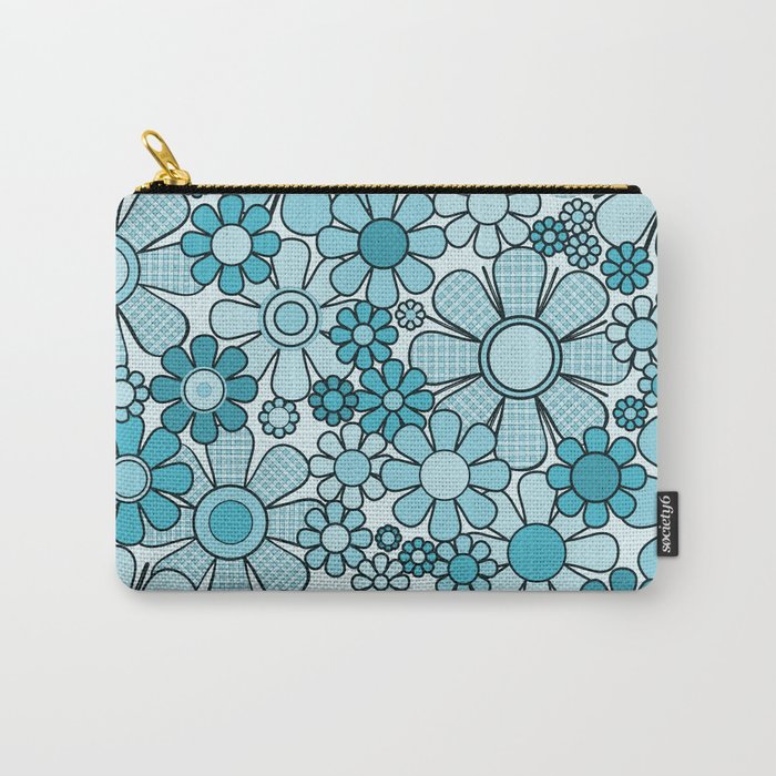 Retro 60s 70s Floral Pattern Turquoise Aqua Gingham Flowers Carry All Pouch Gallery Image 1