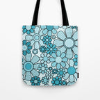 Retro 60s 70s Floral Pattern Turquoise Aqua Gingham Flowers Tote Bag Gallery Image 1