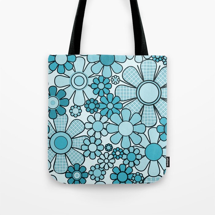 Retro 60s 70s Floral Pattern Turquoise Aqua Gingham Flowers Tote Bag Gallery Image 1