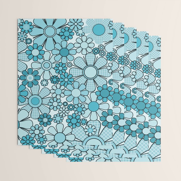 Retro 60s 70s Floral Pattern Turquoise Aqua Gingham Flowers Wrapping Paper Gallery Image 3