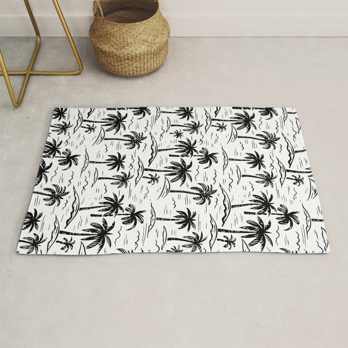 Black and white palm tree beach doodle pattern Rug Gallery Image 1