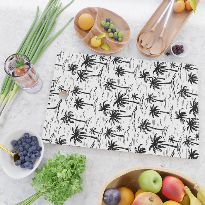Black and white palm tree beach doodle pattern Cutting Board Gallery Image 2