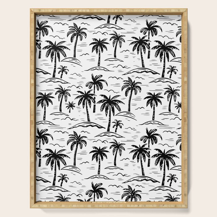 Black and white palm tree beach doodle pattern Serving Tray Gallery Image 1