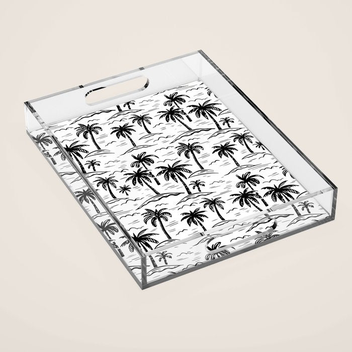Black and white palm tree beach doodle pattern Acrylic Tray Gallery Image 1