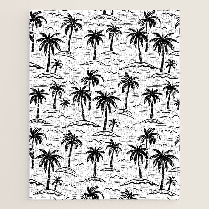 Black and white palm tree beach doodle pattern Jigsaw Puzzle Gallery Image 1