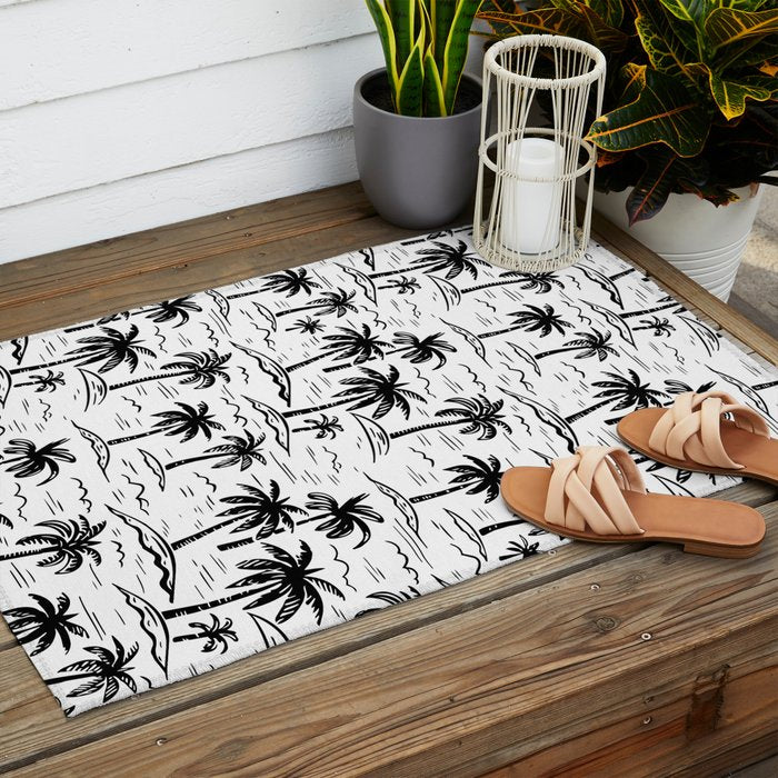 Black and white palm tree beach doodle pattern Outdoor Rug Gallery Image 2