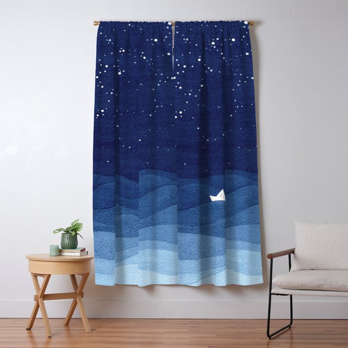 blue ocean waves, sailboat ocean stars Window Curtain Gallery Image 5