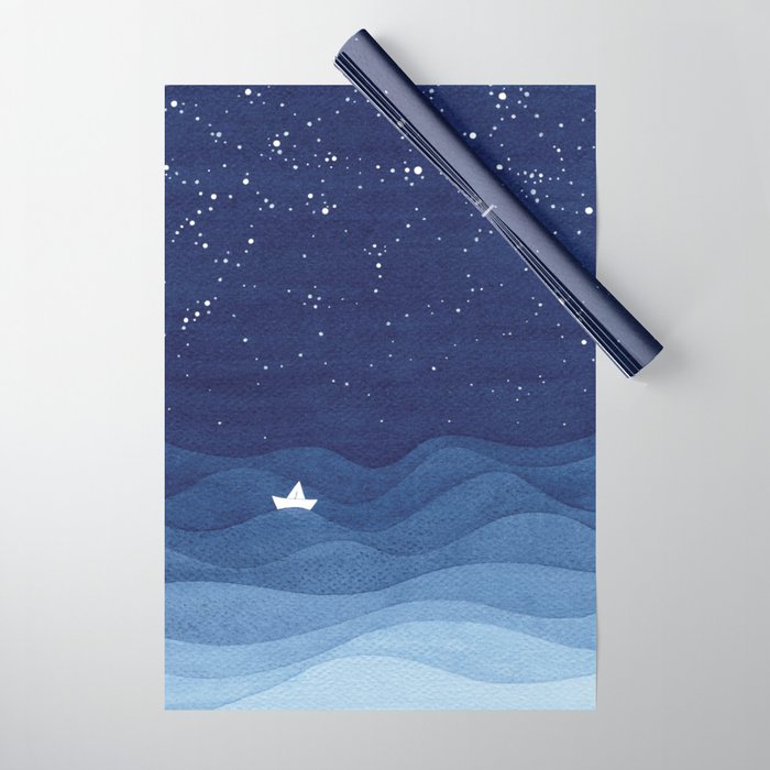 blue ocean waves, sailboat ocean stars Wrapping Paper Gallery Image 1