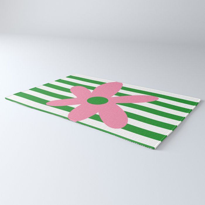 Joyful Flower and Stripes Pop Floral Pink Green White Rug Gallery Image 3