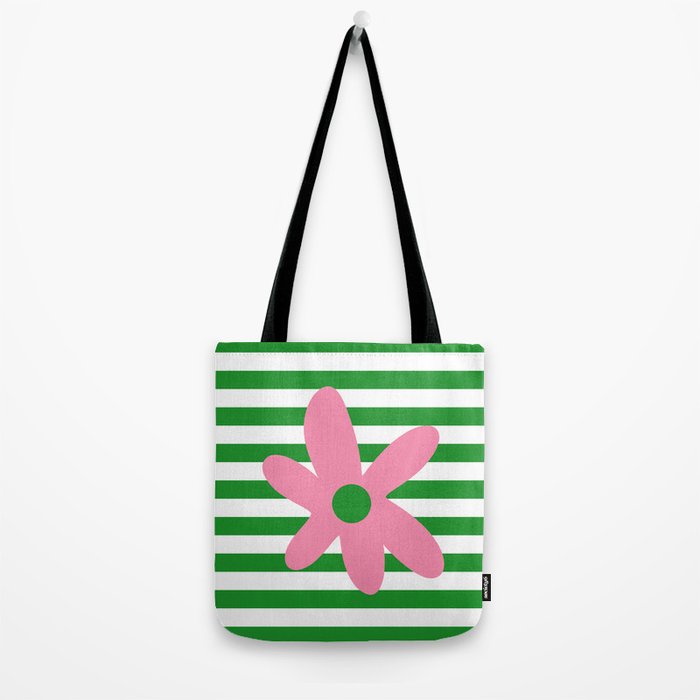 Joyful Flower and Stripes Pop Floral Pink Green White Tote Bag Gallery Image 2