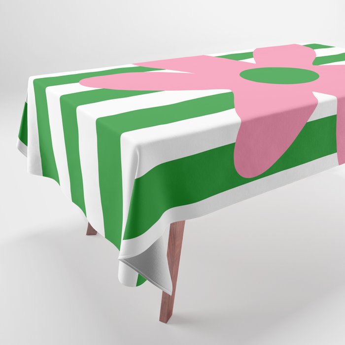 Joyful Flower and Stripes Pop Floral Pink Green White Tablecloth Gallery Image 1