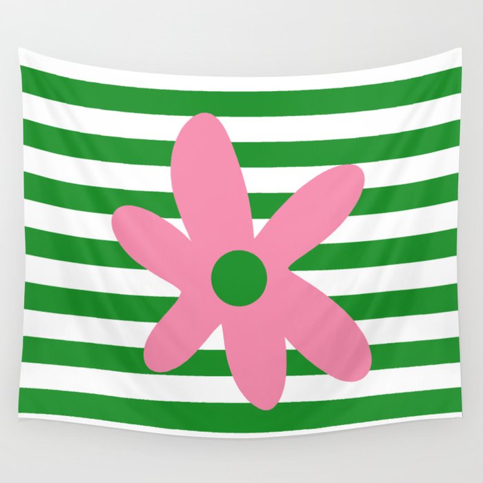 Joyful Flower and Stripes Pop Floral Pink Green White Wall Tapestry Gallery Image 1