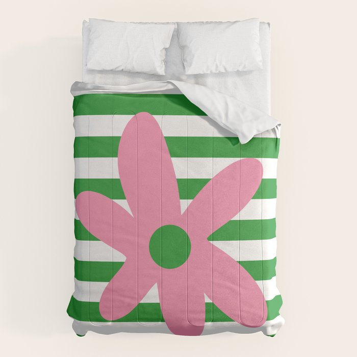 Joyful Flower and Stripes Pop Floral Pink Green White Comforter Gallery Image 1