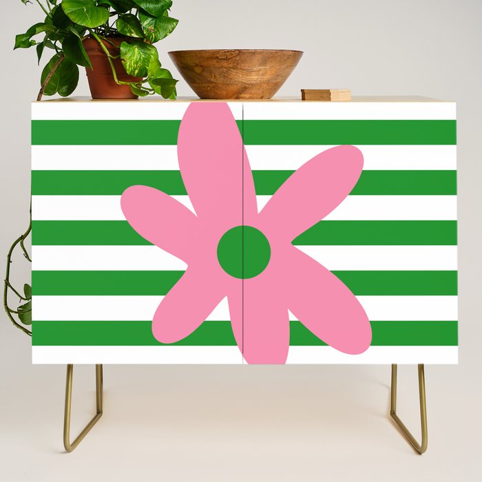 Joyful Flower and Stripes Pop Floral Pink Green White Credenza Gallery Image 1