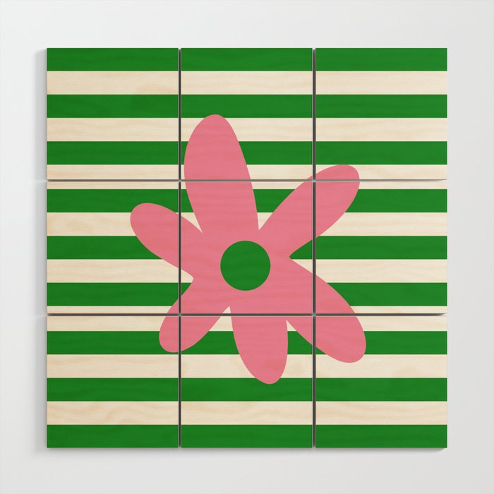 Joyful Flower and Stripes Pop Floral Pink Green White Wood Wall Art Gallery Image 1