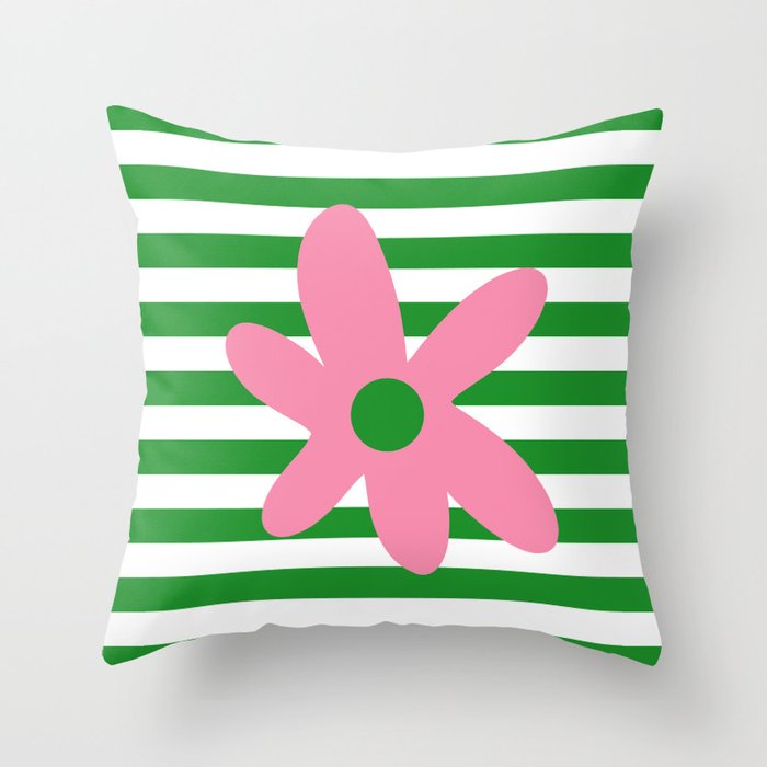 Joyful Flower and Stripes Pop Floral Pink Green White Throw Pillow Gallery Image 1