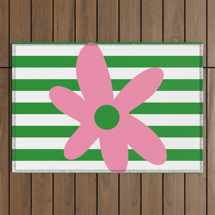 Joyful Flower and Stripes Pop Floral Pink Green White Outdoor Rug Gallery Image 1