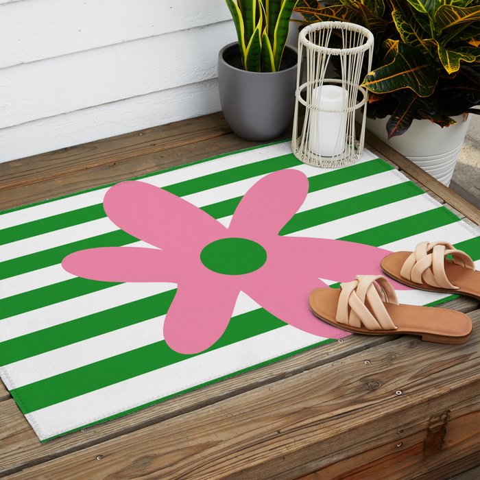 Joyful Flower and Stripes Pop Floral Pink Green White Outdoor Rug Gallery Image 2