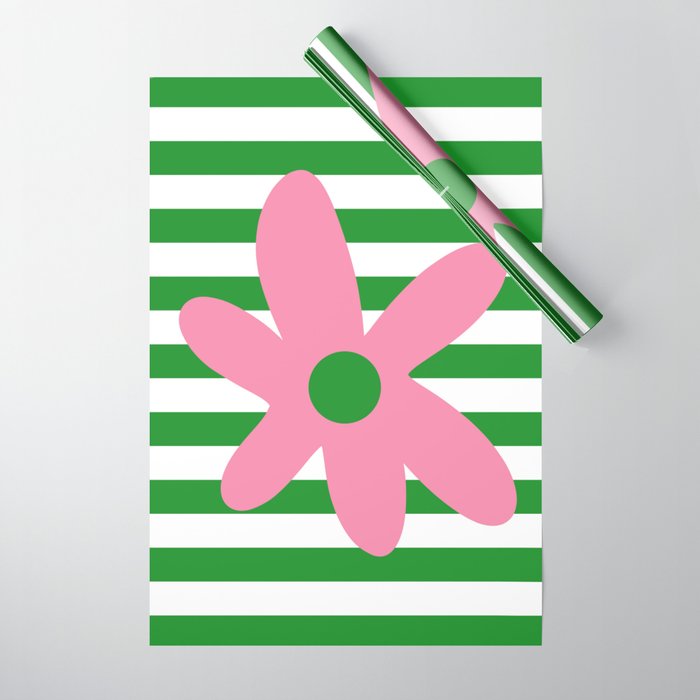 Joyful Flower and Stripes Pop Floral Pink Green White Wrapping Paper Gallery Image 1