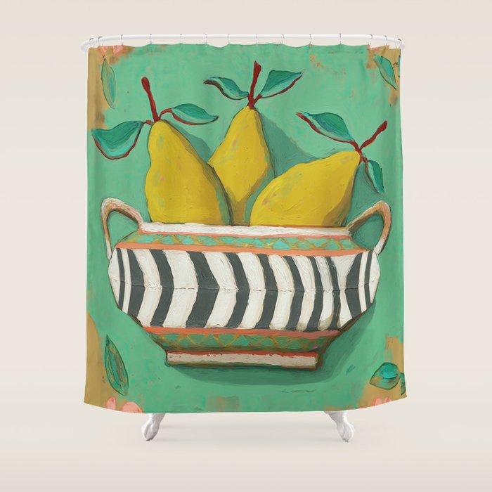 Striped Bowl with Pears Shower Curtain Gallery Image 1