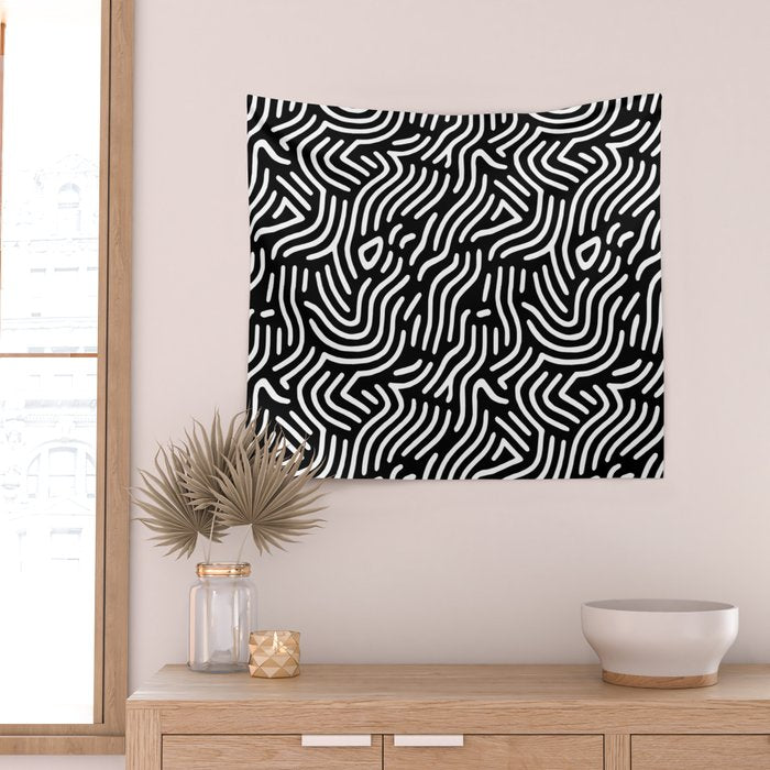 Black and white line art pattern Wall Tapestry Gallery Image 2