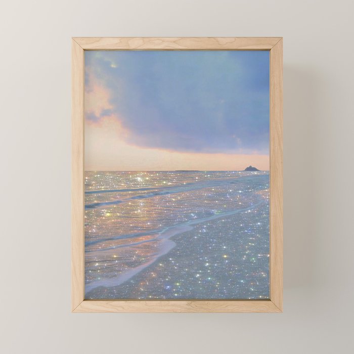 MAGIC OCEAN - glitter artwork by Yana Potter artist. Sparkling waves, pastel blue, beautiful nature. Mini Art Print Gallery Image 1