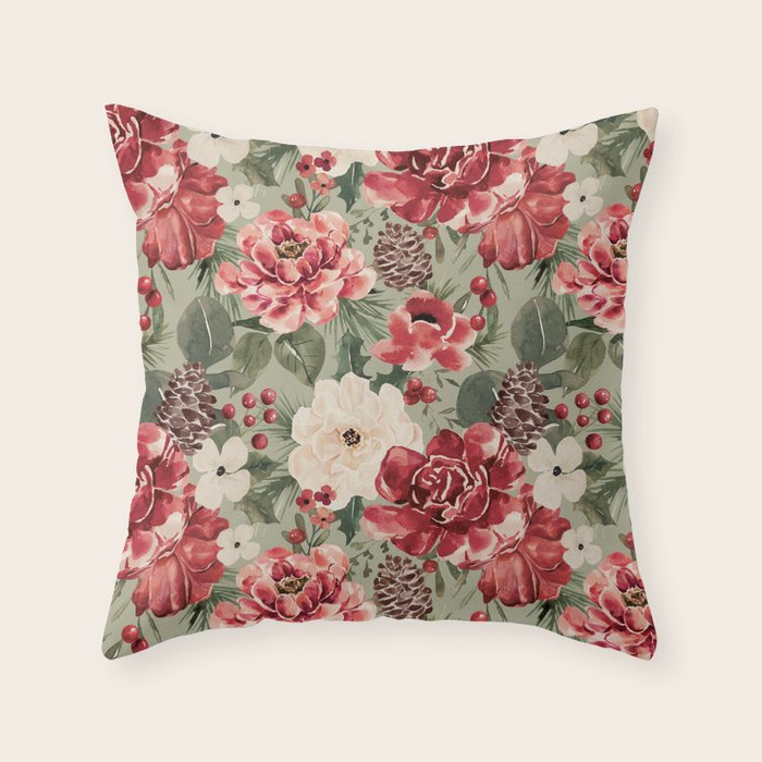 Vintage Christmas Floral on Sage Green Throw Pillow Gallery Image 6