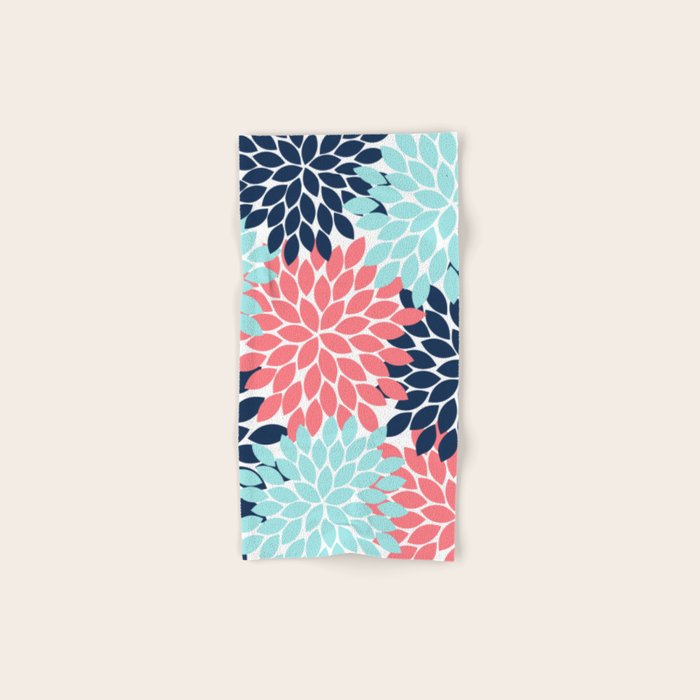 Navy Coral Aqua Floral Pattern Flower Burst Petals Bath Towel Gallery Image 1