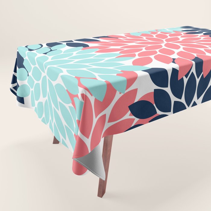 Navy Coral Aqua Floral Pattern Flower Burst Petals Tablecloth Gallery Image 1