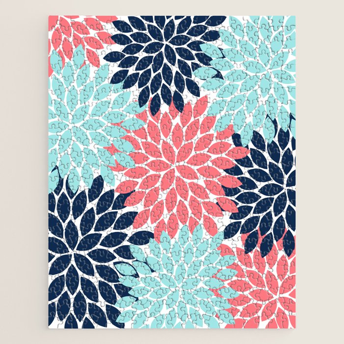 Navy Coral Aqua Floral Pattern Flower Burst Petals Jigsaw Puzzle Gallery Image 1