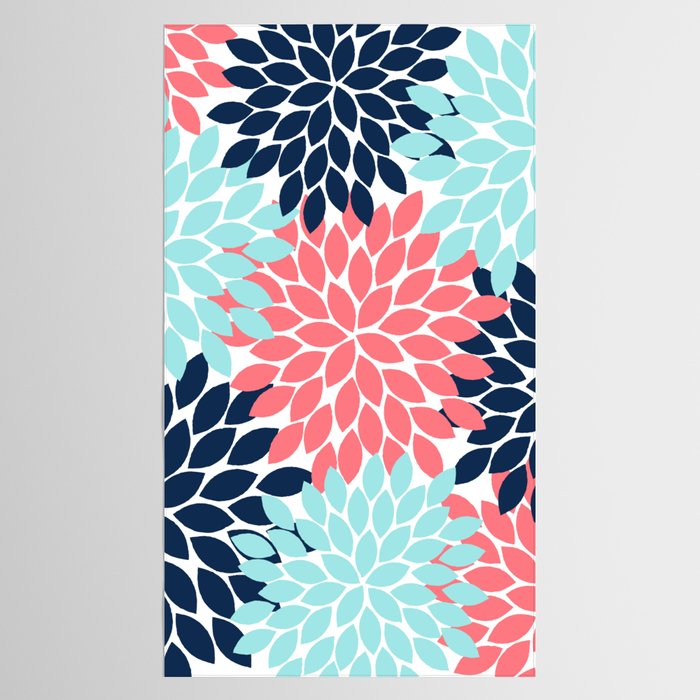 Navy Coral Aqua Floral Pattern Flower Burst Petals Tablecloth Gallery Image 2