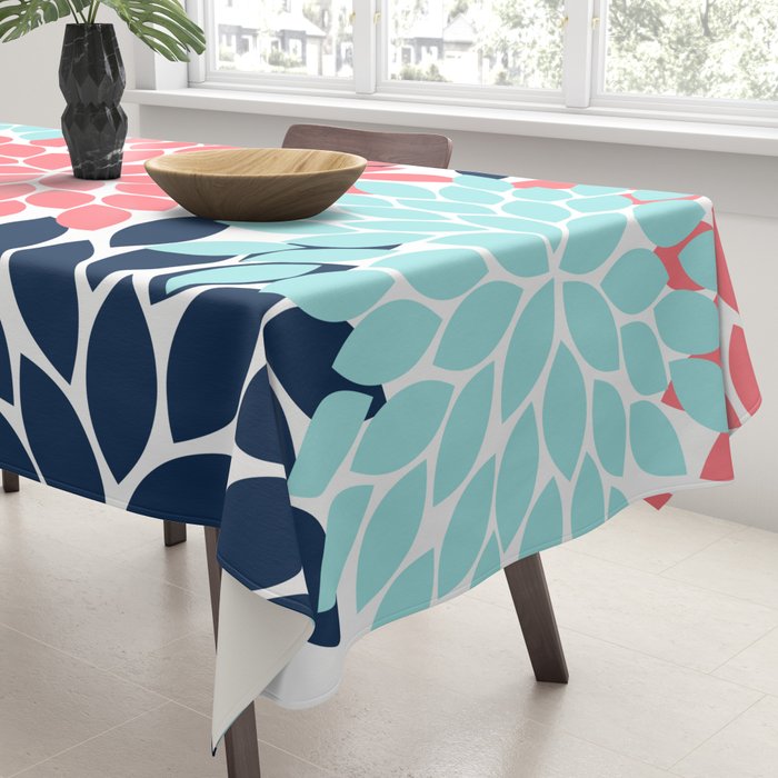 Navy Coral Aqua Floral Pattern Flower Burst Petals Tablecloth Gallery Image 3