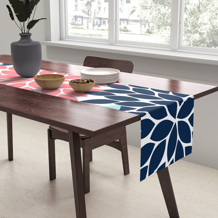 Navy Coral Aqua Floral Pattern Flower Burst Petals Table Runner Gallery Image 2