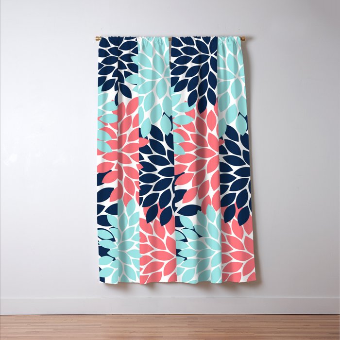 Navy Coral Aqua Floral Pattern Flower Burst Petals Window Curtain Gallery Image 3
