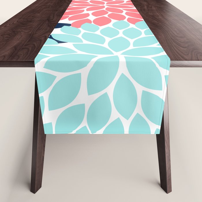 Navy Coral Aqua Floral Pattern Flower Burst Petals Table Runner Gallery Image 1