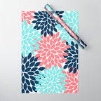 Navy Coral Aqua Floral Pattern Flower Burst Petals Wrapping Paper Gallery Image 1