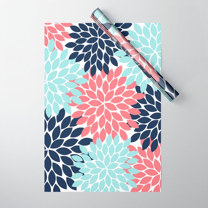 Navy Coral Aqua Floral Pattern Flower Burst Petals Wrapping Paper Gallery Image 1