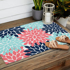 Navy Coral Aqua Floral Pattern Flower Burst Petals Outdoor Rug Gallery Image 2