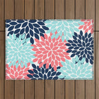 Navy Coral Aqua Floral Pattern Flower Burst Petals Outdoor Rug Gallery Image 1