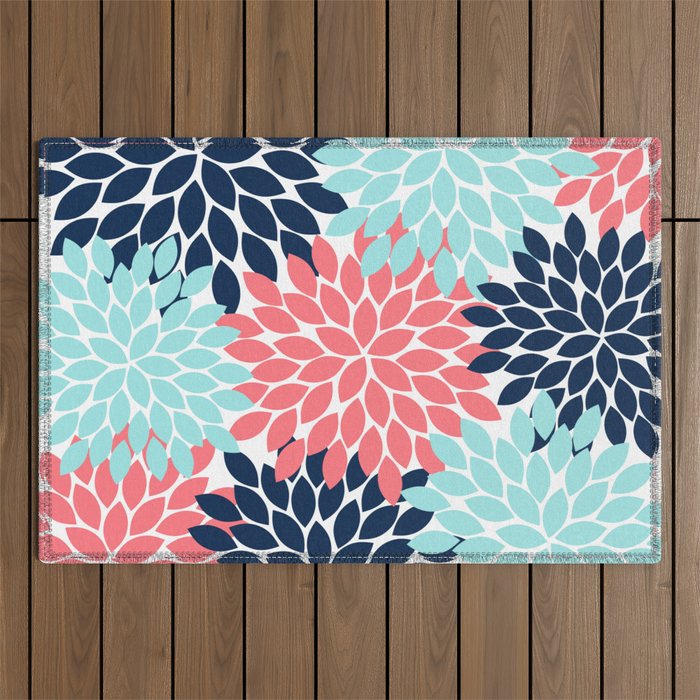 Navy Coral Aqua Floral Pattern Flower Burst Petals Outdoor Rug Gallery Image 1