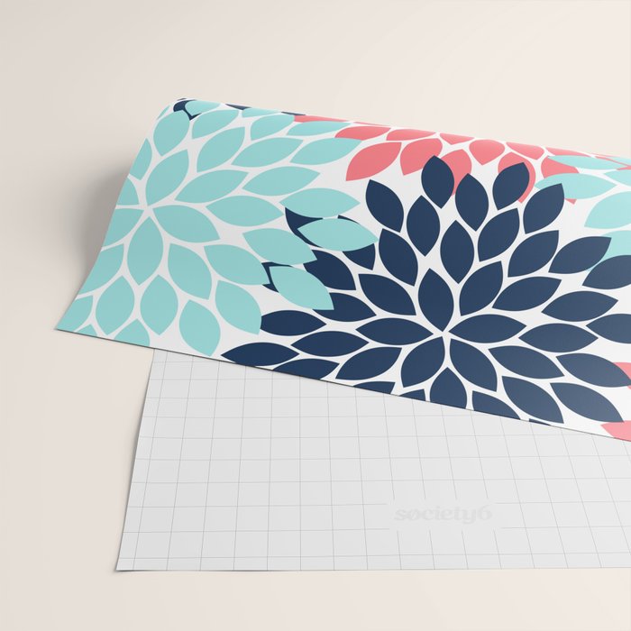 Navy Coral Aqua Floral Pattern Flower Burst Petals Wrapping Paper Gallery Image 2