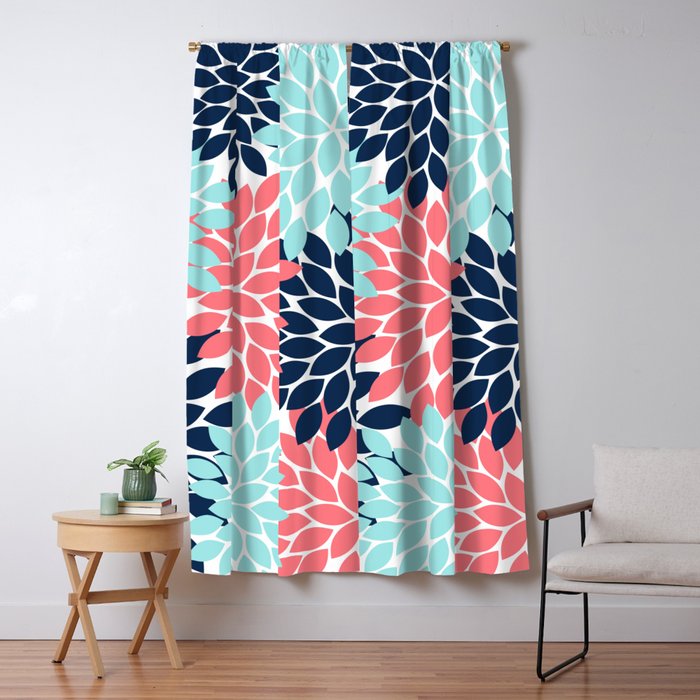 Navy Coral Aqua Floral Pattern Flower Burst Petals Window Curtain Gallery Image 5