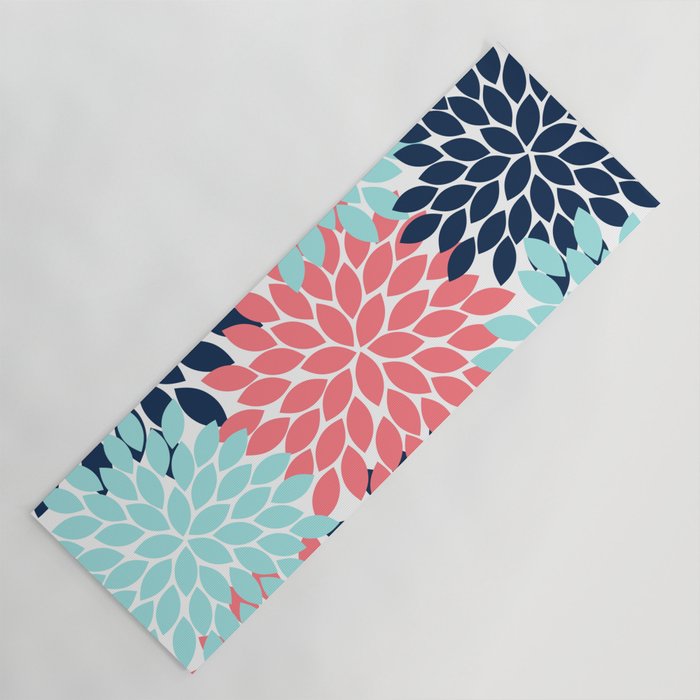 Navy Coral Aqua Floral Pattern Flower Burst Petals Yoga Mat Gallery Image 1