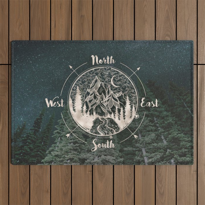 Mountains Compass Milky Way Woods Gold Outdoor Rug Gallery Image 1